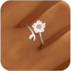 SUYACS S925 Sterling Silver Cherry Blossom Flower Rings for Women Lucky Pink Birthstone Leaf Adjustable Ring Cute Sweet CZ Crystal Open Engagement Statement Promise Ring Birthday Jewelry for Her