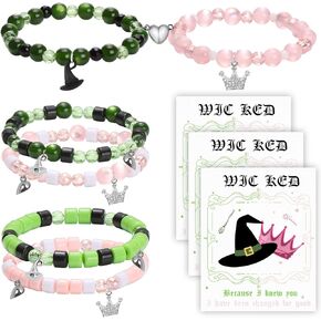 6 Pack Wicked Matching Bracelets for Best Friend Pink Green Wicked Friendship Bracelets with Cardstock Witch Hat and Crown Jewelry Wicked Party Favors Gift for BFF Couples Birthday Halloween Party