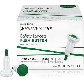 McKesson Prevent HP Safety Lancet, Auto Retracting with Push Button Activation, 21 Gauge, 1.8 mm Depth, Sterile, Green, 100 Count, 1 Pack