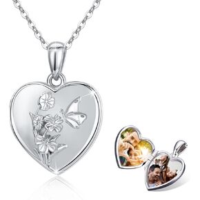 Butterfly Heart Locket Necklace That Hold 2 Photos, 925 Sterling Silver 3D Butterfly with Flowers Blooming Locket Necklace, silver, not known