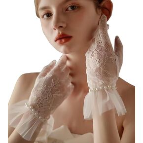 Pearl White Lace Tulle Gloves, Wedding Mesh Sheer Gloves Costume Women Dress Tea Party Opera Formal Accessories