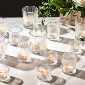 Mumufy 48 Pcs Assorted Votive Candle Holders Clear Ribbed Glass Tealight Candle Holder Bulk for Table Centerpiece, Baby Shower, Home and Wedding Party Decoration