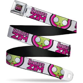 Nickelodeon Belt, Seatbelt Buckle Belt, Invader Zim Title Logo and GIR Pose Close Up White Pinks, Adjustable