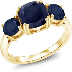 Gem Stone King 18K Yellow Gold Plated Silver Blue Sapphire 3 Stone Engagement Ring For Women (4.02 Cttw, Gemstone September Birthstone, Cushion 8MM and Round 5MM, Available in Size 5,6,7,8,9)