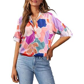 Women's Floral Blouses Boho Spring Tshirt Casual V Neck Collared Button Down Shirts Loose Business Blouses Summer Tops