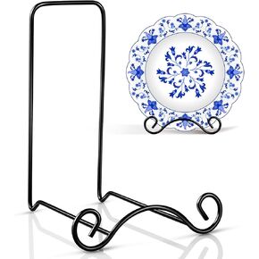 Baderke Wrought Iron Bowl Deep Platter Stand Detachable Metal Scroll Display Rack Easel Metal Bowl Display Stand Decorative Display Holder Dish Picture Display Easel, 6.5"H x 4.7"W x 5"D(Black)