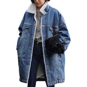 loveimgs Women Long Sherpa Fleece Lined Jeans Jacket Denim Trench Coat Thicken Button Down Patchwork Trucker Coat Overcoat