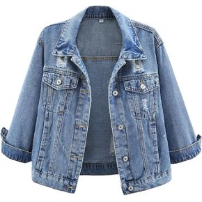 Kedera Womens Cropped Denim Jackets Distressed Ripped 3/4 Sleeve Jean Jacket Coats