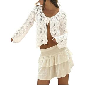 Milumia Women's Hollow Out Long Sleeve Tie Front Cover Up Top Knit Crochet Cardigan Crop Top