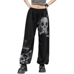 Women's Punk Skull Graphic Wide Leg Sweatpants Drop Waist Drawstring Jogger Pants