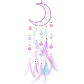 Pink Moon Dream Cather Handmade Baby Kids Dreamcatcher Pompom Feather Room Nursery Decor for Girls Boys Wall Hanging Decor Home Ornaments Craft for Bedroom Native American Circular Net