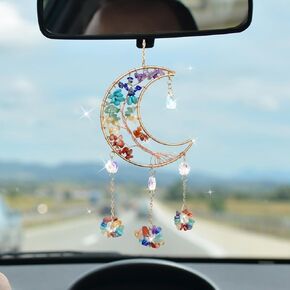 Colorful Moon Car Pendant, Sun Catcher Crystal Stone Craft, Dream Catcher Car Rear View Mirror Charm, Car Hanging Decorative Accessories, Car Interior Ornament for Room Window Wall