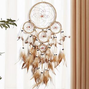 Brown Dream Catcher with 5 Circles Handmade Boho Wall Hanging Decor Nature Feathers Dream Catchers