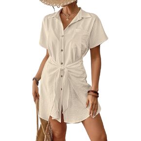 Bsubseach Womens Swimsust Coverup زر قصير الأكمام أسفل ربطة عنق قميص الشاطئ الثياب بدلة السباحة الصيفية