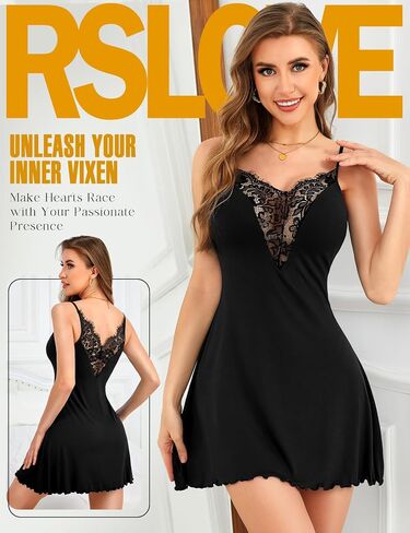 RSLOVE Womens Nightgown Sexy Lingerie - Lace V Neck Babydoll Chemise Soft Slip Sleepwear Exotic Outfits in Saudi Arabia
