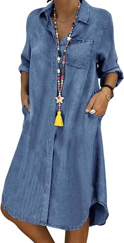 utcoco Denim Dress for Women 2025 Casual Loose Long Sleeve Classic Vintage Button Down Jean Shirt Dresses with Pockets in Saudi Arabia