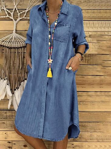 utcoco Denim Dress for Women 2025 Casual Loose Long Sleeve Classic Vintage Button Down Jean Shirt Dresses with Pockets in Saudi Arabia