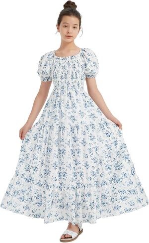EXARUS Girls Maxi Long Smocked Dress Swiss Dot/Floral Teen Summer Dresses A-line Beach Casual Vacation Sundress in Saudi Arabia