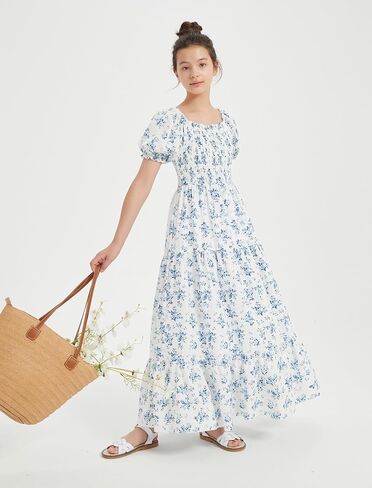 EXARUS Girls Maxi Long Smocked Dress Swiss Dot/Floral Teen Summer Dresses A-line Beach Casual Vacation Sundress in Saudi Arabia