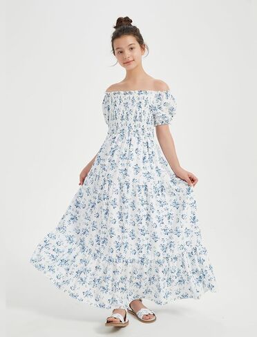EXARUS Girls Maxi Long Smocked Dress Swiss Dot/Floral Teen Summer Dresses A-line Beach Casual Vacation Sundress in Saudi Arabia