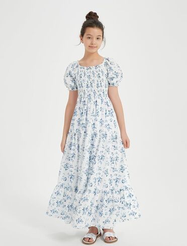 EXARUS Girls Maxi Long Smocked Dress Swiss Dot/Floral Teen Summer Dresses A-line Beach Casual Vacation Sundress in Saudi Arabia