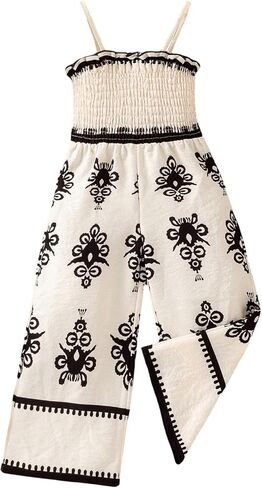 WDIRARA Girl's Boho Floral Sleeveless Jumpsuit Smocked High Waist Wide Leg Pants in Saudi Arabia