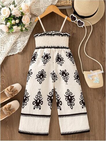 WDIRARA Girl's Boho Floral Sleeveless Jumpsuit Smocked High Waist Wide Leg Pants in Saudi Arabia