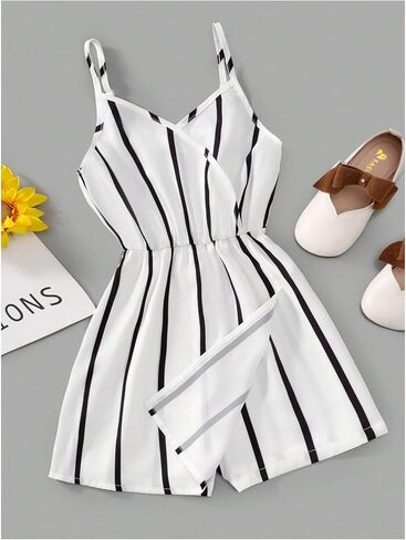 OYOANGLE Girl's Striped Print Wrapped V Neck Cami Rompers Spaghetti Straps High Waist Short Jumpsuits in Saudi Arabia