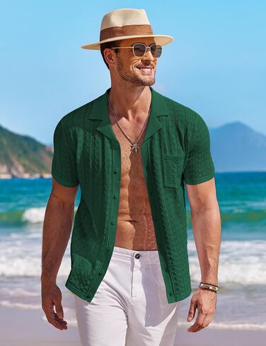 COOFANDY Men's Knit Button Down Shirt Short Sleeve Vintage Polo Shirts Summer Casual Beach Tops in Kuwait