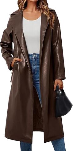 xxxiticat Women's Leather Trench Coat Long Sleeve Open Front Motorcycle Lapel Belted Tie Long Black Faux Leather Jacket in Saudi Arabia