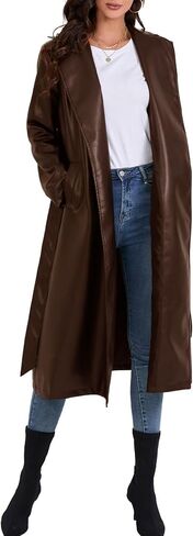 xxxiticat Women's Leather Trench Coat Long Sleeve Open Front Motorcycle Lapel Belted Tie Long Black Faux Leather Jacket in Saudi Arabia