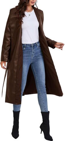 xxxiticat Women's Leather Trench Coat Long Sleeve Open Front Motorcycle Lapel Belted Tie Long Black Faux Leather Jacket in Saudi Arabia