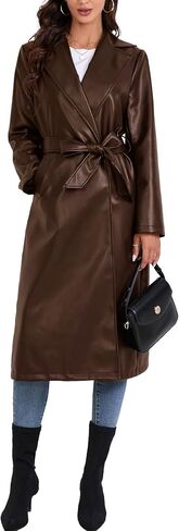 xxxiticat Women's Leather Trench Coat Long Sleeve Open Front Motorcycle Lapel Belted Tie Long Black Faux Leather Jacket in Saudi Arabia
