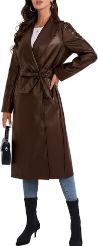 xxxiticat Women's Leather Trench Coat Long Sleeve Open Front Motorcycle Lapel Belted Tie Long Black Faux Leather Jacket in Saudi Arabia