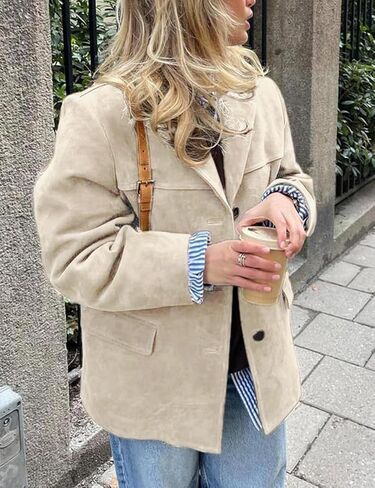 IDEALSANXUN Womens Suede Jacket Fall Winter Fashion Casual Oversized Faux Leather Blazer Jacket Trench Coat in Saudi Arabia