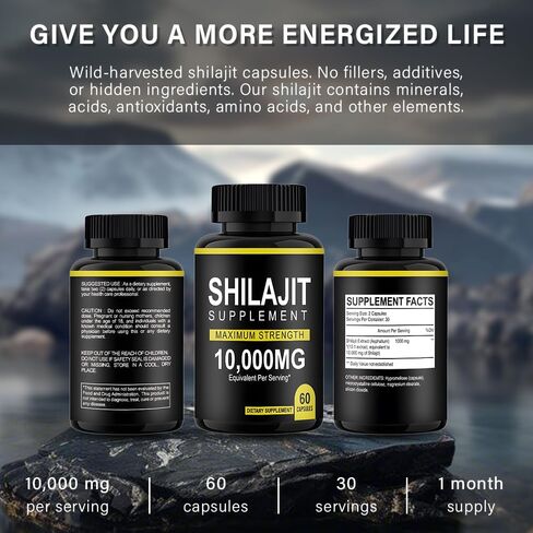 Shilajit Resin Capsules (60Capsules) Shilajit Pure Himalayan Organic Capsules,10000mg Maximum Potency Shilajit for Men & Women Enhanced Energy and Immune in Saudi Arabia