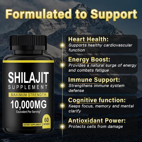 Shilajit Resin Capsules (60Capsules) Shilajit Pure Himalayan Organic Capsules,10000mg Maximum Potency Shilajit for Men & Women Enhanced Energy and Immune in Saudi Arabia