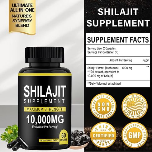 Shilajit Resin Capsules (60Capsules) Shilajit Pure Himalayan Organic Capsules,10000mg Maximum Potency Shilajit for Men & Women Enhanced Energy and Immune in Saudi Arabia