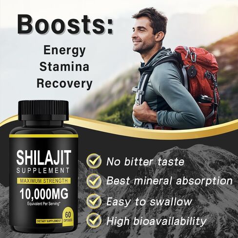 Shilajit Resin Capsules (60Capsules) Shilajit Pure Himalayan Organic Capsules,10000mg Maximum Potency Shilajit for Men & Women Enhanced Energy and Immune in Saudi Arabia