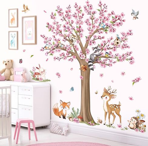 decalmile Woodland Animals Large Flower Tree Wall Decals Cherry Blossom Deer Fox Wall Stickers Baby Nursery Kids Bedroom Living Room Wall Decor in Saudi Arabia