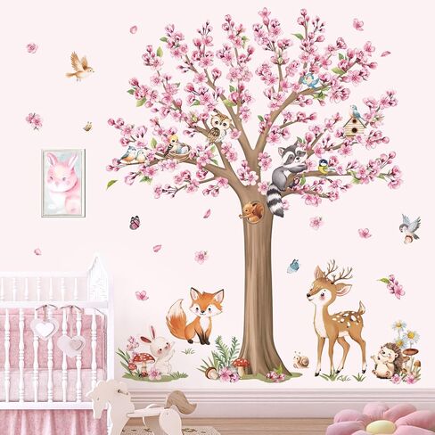 decalmile Woodland Animals Large Flower Tree Wall Decals Cherry Blossom Deer Fox Wall Stickers Baby Nursery Kids Bedroom Living Room Wall Decor in Saudi Arabia