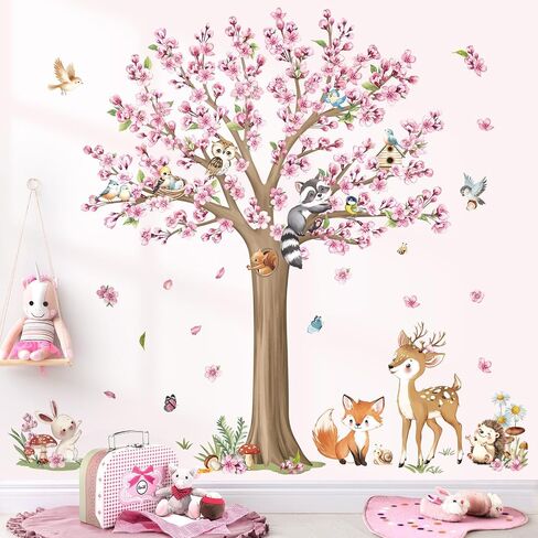 decalmile Woodland Animals Large Flower Tree Wall Decals Cherry Blossom Deer Fox Wall Stickers Baby Nursery Kids Bedroom Living Room Wall Decor in Saudi Arabia