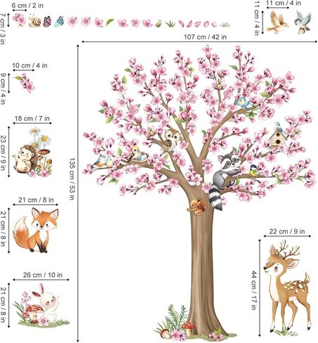decalmile Woodland Animals Large Flower Tree Wall Decals Cherry Blossom Deer Fox Wall Stickers Baby Nursery Kids Bedroom Living Room Wall Decor in Saudi Arabia