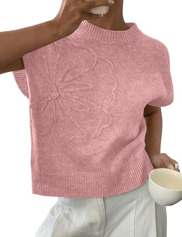 Womens Casual Floral Flower Sweater Vest Crew Neck Sleeveless Summer Loose Ribbed Knit Pullover Tops in Saudi Arabia