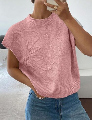 Womens Casual Floral Flower Sweater Vest Crew Neck Sleeveless Summer Loose Ribbed Knit Pullover Tops in Saudi Arabia