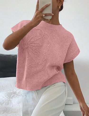 Womens Casual Floral Flower Sweater Vest Crew Neck Sleeveless Summer Loose Ribbed Knit Pullover Tops in Saudi Arabia