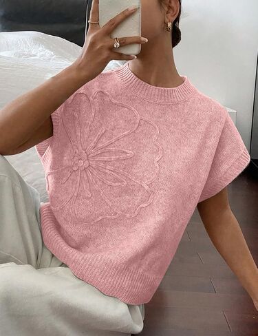 Womens Casual Floral Flower Sweater Vest Crew Neck Sleeveless Summer Loose Ribbed Knit Pullover Tops in Saudi Arabia