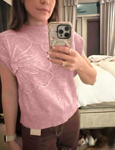 Womens Casual Floral Flower Sweater Vest Crew Neck Sleeveless Summer Loose Ribbed Knit Pullover Tops in Saudi Arabia