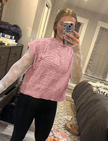 Womens Casual Floral Flower Sweater Vest Crew Neck Sleeveless Summer Loose Ribbed Knit Pullover Tops in Saudi Arabia