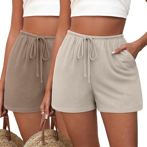 Huukeay 2 Pack Women's Casual Linen Shorts Comfy Drawstring High Waisted 2025 Summer Lightweight Beach Shorts with Pockets in Saudi Arabia